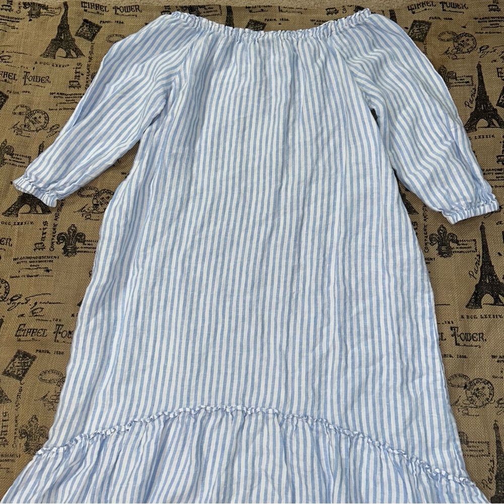 Saks Fifth Avenue 100% Linen Blue White 3/4 Sleeve Off Shoulder Maxi Dress - Picture 5 of 16